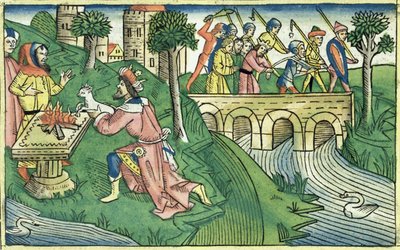 2 Królów 16 9-16 Ludność Damaszku wzięta do niewoli, z Biblii Norymberskiej (Biblia Sacra Germanaica) (kolorowy drzeworyt) autorstwa German School