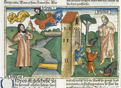 2 Królów 2 1-24 Eliasz wstępuje do nieba w wirze trąbowym, a chłopcy, którzy szydzili z Elizeusza są zjadani przez niedźwiedzie, z Biblii Norymberskiej (Biblia Sacra Germanaica) (kolorowy drzeworyt) autorstwa German School