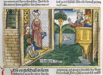 2 Samuela 11 1-5 Dawid widzi kąpiel Batszebę, z Biblii Norymberskiej (Biblia Sacra Germanaica) (kolorowy drzeworyt) autorstwa German School
