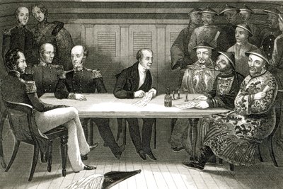Konferencja w Chusan pomiędzy komandorem Bremerem a Chang, chińskim urzędnikiem, na pokładzie HMS Wellesley, 4 lipca 1841 autorstwa German School