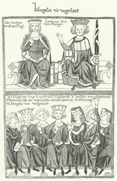 Przedstawienie Sangerkrieg, pojedynku minstreli na zamku Wartburg w Turyngii w 1207 roku, z Codex Manesse (rycina) autorstwa German School