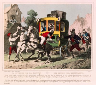 Para w czasie miesiąca miodowego zostaje zaatakowana przez rozbójników we Włoszech, ulotka ilustracyjna opublikowana przez Gangel i P. Didion, Metz, ok. 1850 autorstwa German School