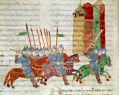 Miniatura jeźdźców z rękopisu „De Universo” (lub De rerum naturis (De la Nature des choices)) (kod 132) autorstwa Rabanusa Maurusa Magnentiusa (lub Raban Maur lub Rabano Mauro) (ok. 780-856). IX wiek. Archiwum Opactwa Monte Cassino (Góra Cassin) autorstwa German School