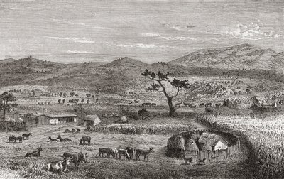 Osada w Kouiharze w Afryce Zachodniej, ilustracja z książki „Świat w rękach”, wydanej w 1878 r. autorstwa German School