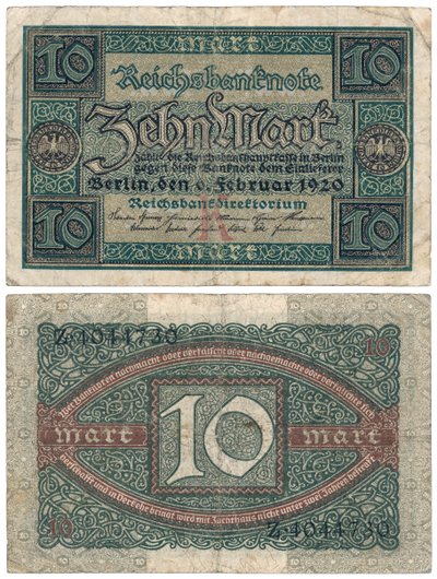 Banknot dziesięciomarkowy, 1920 (odwrócony i odwrócony) autorstwa German School
