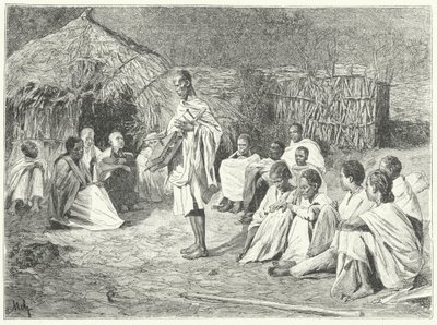 Podróżujący minstrel i jego publiczność w Abisynii (rycina) autorstwa German School