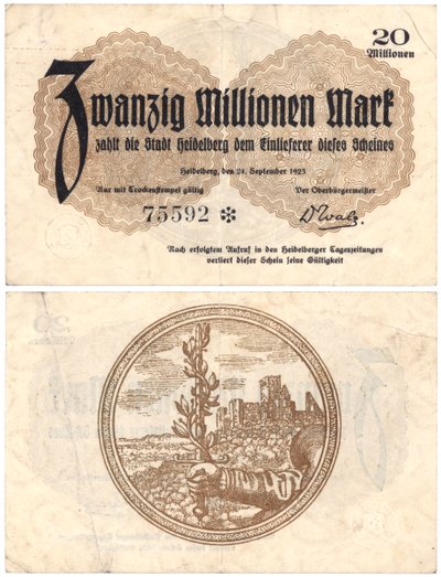 Banknot 20 milionów marek, 1923 (odwrócony i odwrócony) autorstwa German School