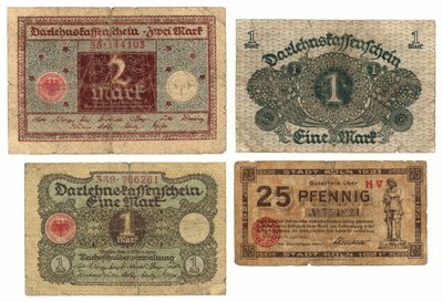 Banknot dwumarkowy, dwa jednomarkowy i dwudziestopięciofenigowy, 1920-21 autorstwa German School