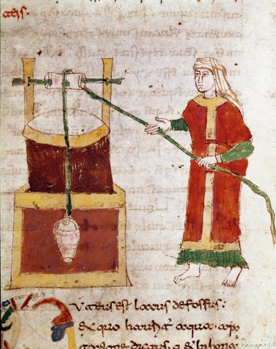 Kobieta czerpiąca wodę ze Studni Miniaturowej zaczerpniętej z tomu „De puteis” rękopisu „De Universe” (lub De rerum naturis (De la Nature des chooses)) (kod. 132) autorstwa Rabanus Maurus Magnentius (lub Raban Maur lub Rabano Mauro) (ok. 780-856). 9 wiek autorstwa German School