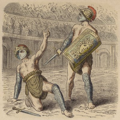 Ranny gladiator rzymski błagający tłum o życie (kolorowy grawerunek) autorstwa German School
