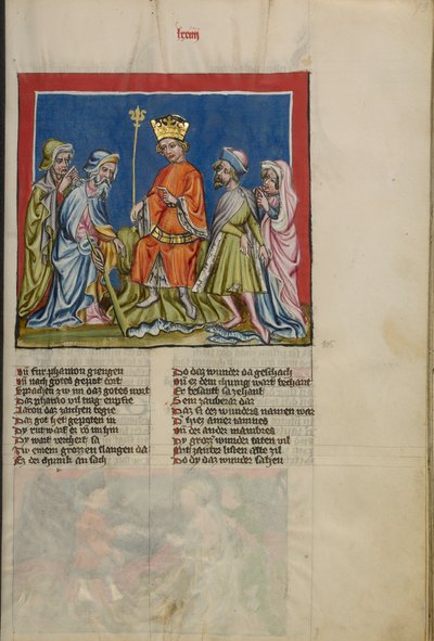 Aaron zamienia kij w węża z Weltchronik Ms. 33, fol. 73, ok. 1400-10 (tempera, złota i srebrna farba, tusz na pergaminie) autorstwa German School
