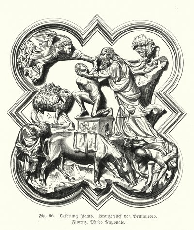 Abraham ofiarowujący swojego syna Izaaka na ofiarę, płaskorzeźba z brązu autorstwa Filippo Brunelleschi (rycina) autorstwa German School
