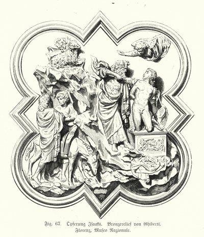Abraham ofiarowujący swojego syna Izaaka na ofiarę, płaskorzeźba z brązu autorstwa Lorenzo Ghiberti (rycina) autorstwa German School