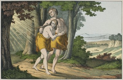 Adam i Ewa wygnani z raju, ilustracja z Lancien Testament, wyd. Jakob Ferdinand Schreiber, Esslingen (kolorystyka) autorstwa German School
