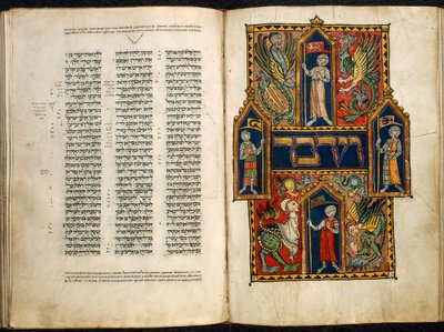 Dodać. 15282 fol.179v-180 Zdobione pierwsze słowo Księgi Liczb, z „Księcia Sussex Niemieckiego Pięcioksięgu”, ok. 1300 (welum) autorstwa German School