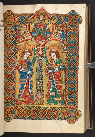 Dodać. 60629, f.34 Chrystus i aniołowie koronują dwóch świętych monastycznych (welum) autorstwa German School