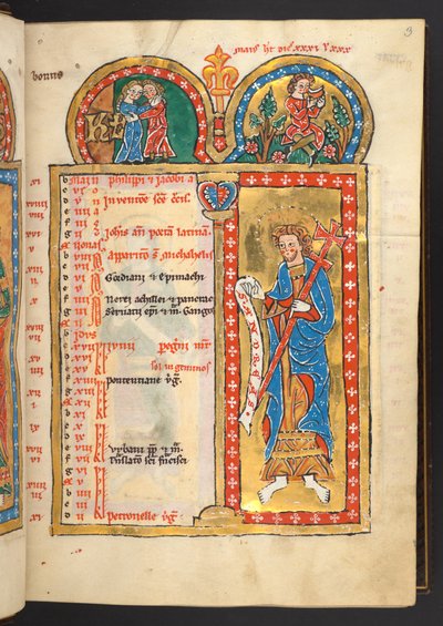 Dodać. 60629, f.3 maja, od 12 stron kalendarza w kolorze złotym i kolorowym, z ramami architektonicznymi, każda zawierająca znak zodiaku, apostoła i trud miesiąca (welum) autorstwa German School