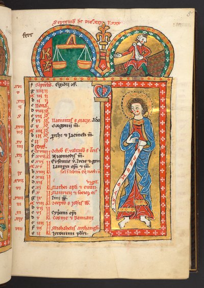 Dodać. 60629, f.5 Wrzesień. 12 kartek kalendarza w kolorze złotym i kolorowym, z ramkami architektonicznymi, z których każda zawiera znak zodiaku, apostoła i pracę miesiąca.  Psałterz. Psałterz podświetlany z kalendarzem, kantykami i litaniami na użytek nu autorstwa German School