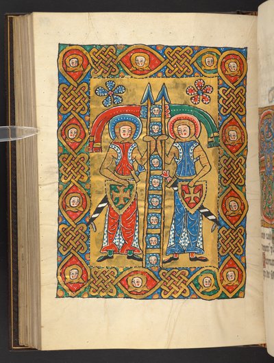 Dodać. 60629, f.84v Dwóch świętych wojskowych z głowami innych (welum) autorstwa German School