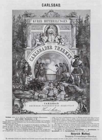 Reklama wody mineralnej Mattoni i innych produktów z uzdrowiska w Carlsbad (Karlovy Vary), Czechy (grawerowanie) autorstwa German School