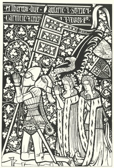Albert III, książę Austrii, z dwiema żonami, Elżbietą Czeską i Beatrice z Norymbergi (rycina) autorstwa German School