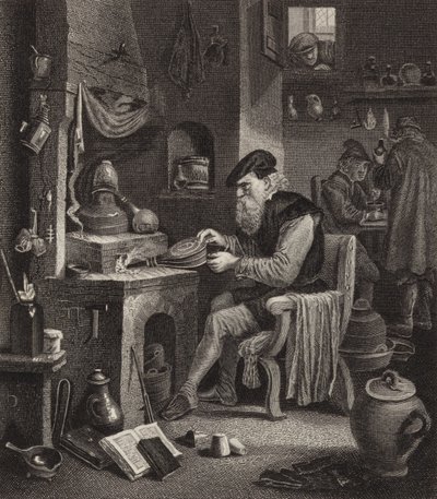 Alchemik w pracy. Ilustracja do Atlasu Bilder (grawerowanie) autorstwa German School
