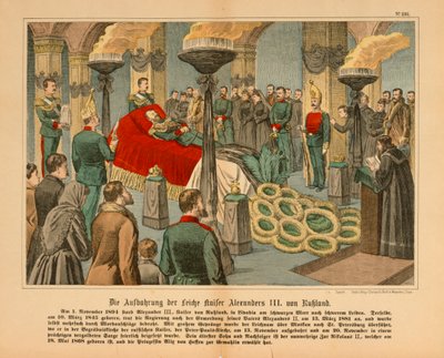 Aleksander III z Rosji leżący w stanie 1 listopada 1894 r. (ogłoszenie obrazkowe wydane przez C. Burckhardta, Weissenburg, 1894 autorstwa German School
