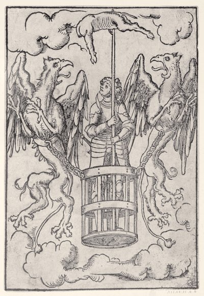 Aleksander Wielki uniesiony w powietrze przez dwa gryfy, ok. 1525 autorstwa German School