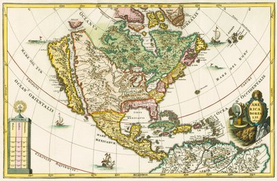 Ameryka Północna. Mapa Ameryki Północnej przedstawiająca Kalifornię jako wyspę, z Geographia hierarchica Heinricha Scherera autorstwa German School