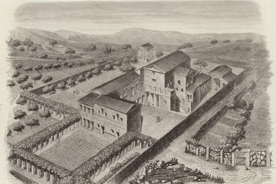 Starożytny grecki dom wiejski w Al-Barah w Syrii. Ilustracja do Atlasu Bilder (grawerowanie) autorstwa German School