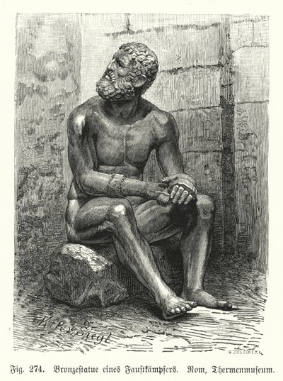 Starożytna grecka lub rzymska statua z brązu siedzącego boksera (rycina) autorstwa German School