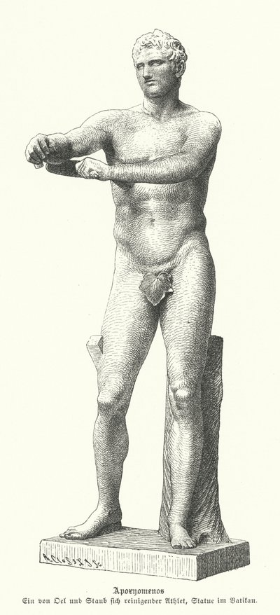 Apoxyomenos, posąg sportowca zeskrobującego pot i kurz z ciała za pomocą strigila (rycina) autorstwa German School
