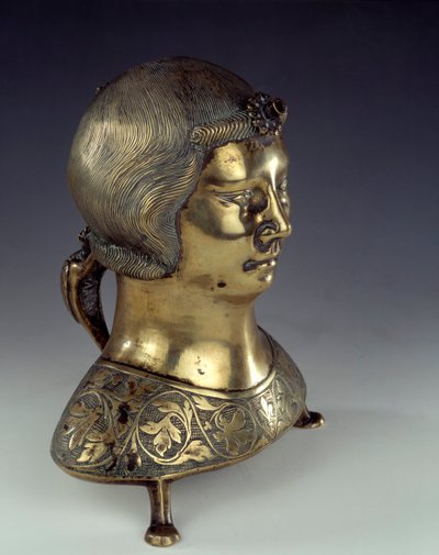 Aquamanile (umywalka do mycia rąk księdza podczas mszy) ze złotego brązu w kształcie popiersia młodzieńca. 1300-1325. Z Hildesheim. Słońce 0,23x0,19 m Paryż, narodowe muzeum średniowiecza, Thermes de Cluny autorstwa German School