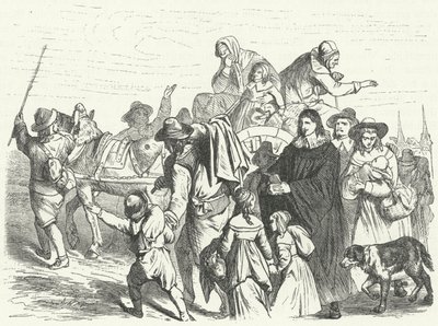 Przybycie francuskich imigrantów hugenotów do Brandenburgii po wydaniu przez Wielkiego Elektora Fryderyka Wilhelma edyktu poczdamskiego w 1685 roku (ryty) autorstwa German School