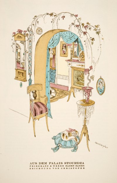 "Aus dem Palais Stourdza", reklama Friedmann  Weber (Baden-Baden)", ze Stylu, wyd. 1922 (druk pochoir) autorstwa German School