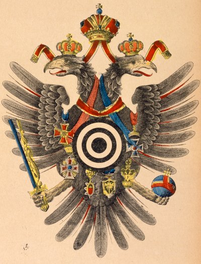Herb cesarski Austro-Węgier jako tarcza łucznicza, ok. 1865 (kolorowy drzeworyt) autorstwa German School