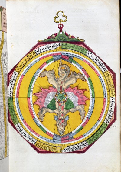 BT1.70.2 Volvelleor ze zodiakiem, ilustracja z Astronimicum Caesareum autorstwa Petera Apiana (Bennewitz) (1495-1552) wyd. w Ingolstadt, 1540 (kolorowy drzeworyt) autorstwa German School