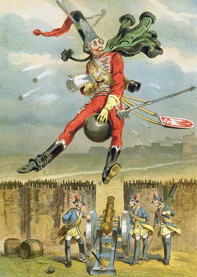 Baron Munchausen przelatujący nad liniami wroga na kuli armatniej, ilustracja z niemieckiego wydania Przygód barona Munchausena autorstwa German School