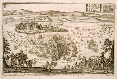 Bitwa pod miastem Levice w 1664 r., ilustracja z księgi o kampaniach osmańskich w Europie, rytowana przez Paula Fursta (ok.1605-1666) autorstwa German School