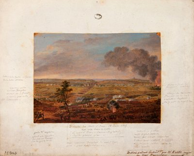 Bitwa pod Mont-Saint-Jean, rysowana i malowana podczas akcji majora Kuntsa z oddziału hanowerskiego, 18 czerwca 1815 (ołówek i gwasz na tekturze) autorstwa German School