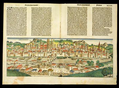 Widok z lotu ptaka na Ratyzbon, z Kroniki Norymberskiej autorstwa Hartmanna Schedla (1440-1514) 1493 autorstwa German School