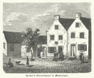 Miejsce urodzenia niemieckiego pisarza, filozofa i teologa luterańskiego Johanna Gottfrieda von Herdera, Mohrungen (grafika) autorstwa German School