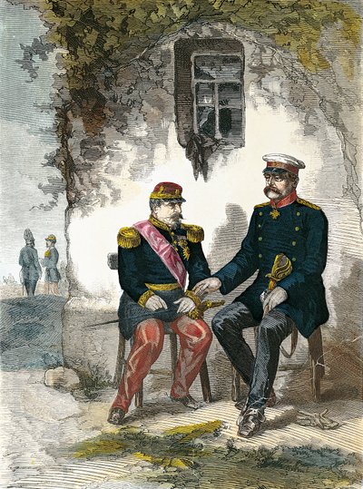Bismarck rozmawia z Napoleonem III po jego schwytaniu w bitwie pod Sedanem, 2 września autorstwa German School