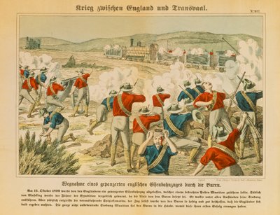 Burowie przejmują angielski pociąg pancerny podczas drugiej wojny burskiej, niedaleko Maseking, 14 października 1899, wyd. C. Burckhardts Nachf, Weissenburg, 1899 autorstwa German School