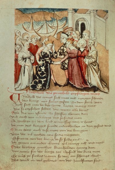 Brunhilda wkracza do robaków; Kriemhild wita Brunhildę i Gunthera z „Hundeshagen Nibelungen Codex” (welum) autorstwa German School
