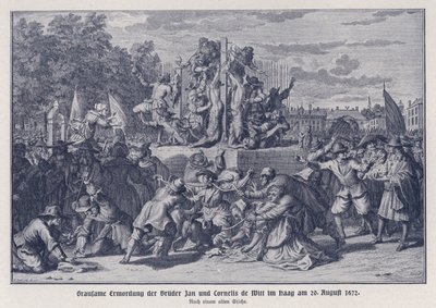 Brutalne morderstwo braci Jana i Cornelisa de Witt przez oranżystowski tłum, Haga, Holandia, 20 sierpnia 1672 r. (litografia) autorstwa German School