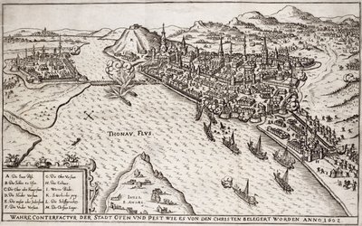 Buda i Peszt oblężone przez chrześcijan w 1602 r., ilustracja z książki o kampaniach osmańskich w Europie, rytowana przez Paula Fursta (ok. 1605-66) autorstwa German School