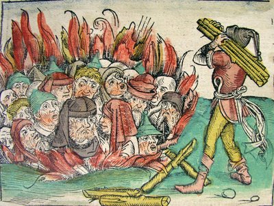 Spalenie Żydów, opublikowane w Kronice Norymberskiej, 1493 autorstwa German School