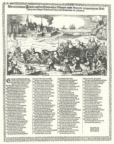 Karykatura przedstawiająca jezuitów wypędzonych z Czech i Węgier w 1620 r. na początku wojny trzydziestoletniej (rycina) autorstwa German School