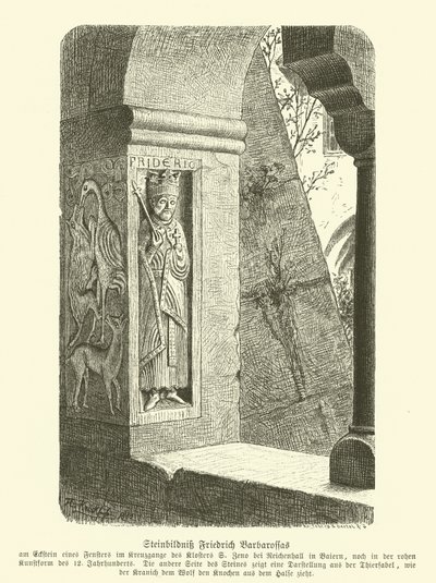 Rzeźbiony w kamieniu wizerunek Fryderyka Barbarossy, Świętego Cesarza Rzymskiego (rycina) autorstwa German School